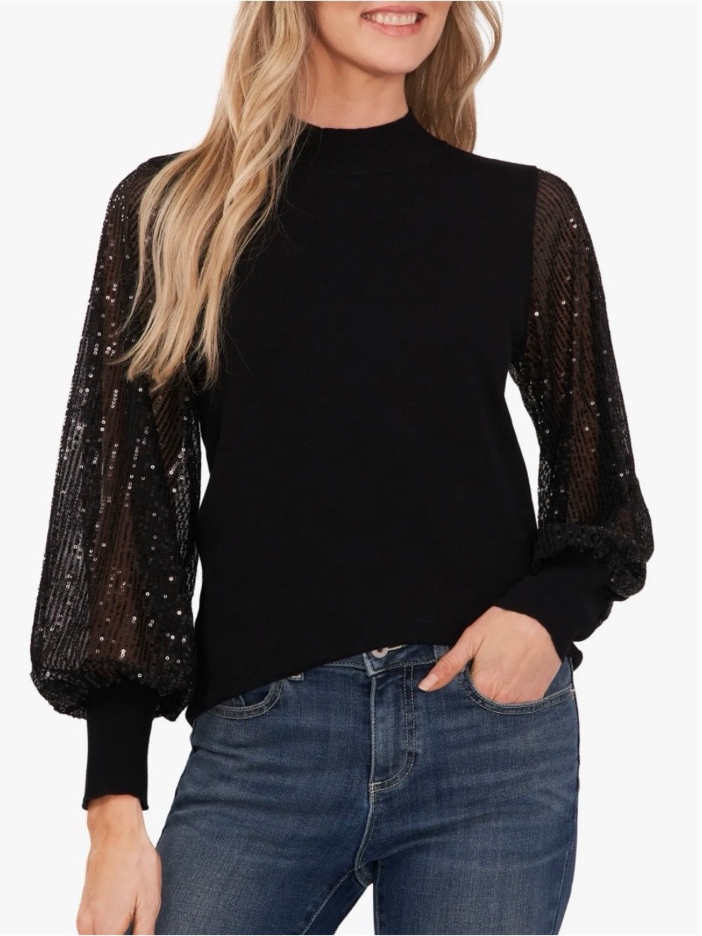 CeCe Black Mock Neck Seeater with Sequin Balloon Sleeves